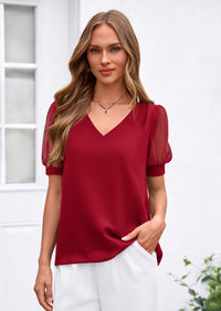 PRETTYGARDEN Womens Tops Dressy Casual Puff Sleeve Chiffon Blouses V Neck Business Work Shirts 2026 Summer Fashion Clothing