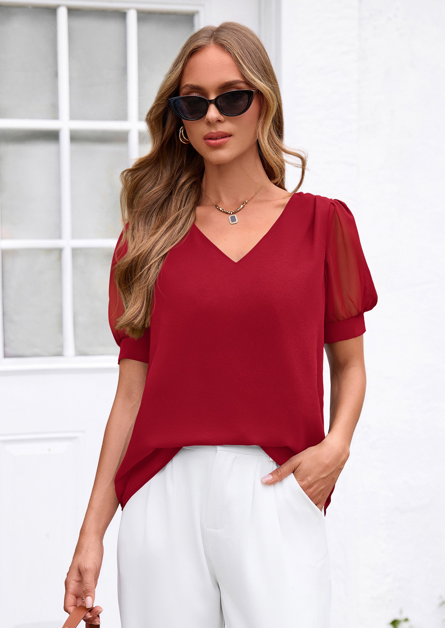 PRETTYGARDEN Womens Tops Dressy Casual Puff Sleeve Chiffon Blouses V Neck Business Work Shirts 2026 Summer Fashion Clothing