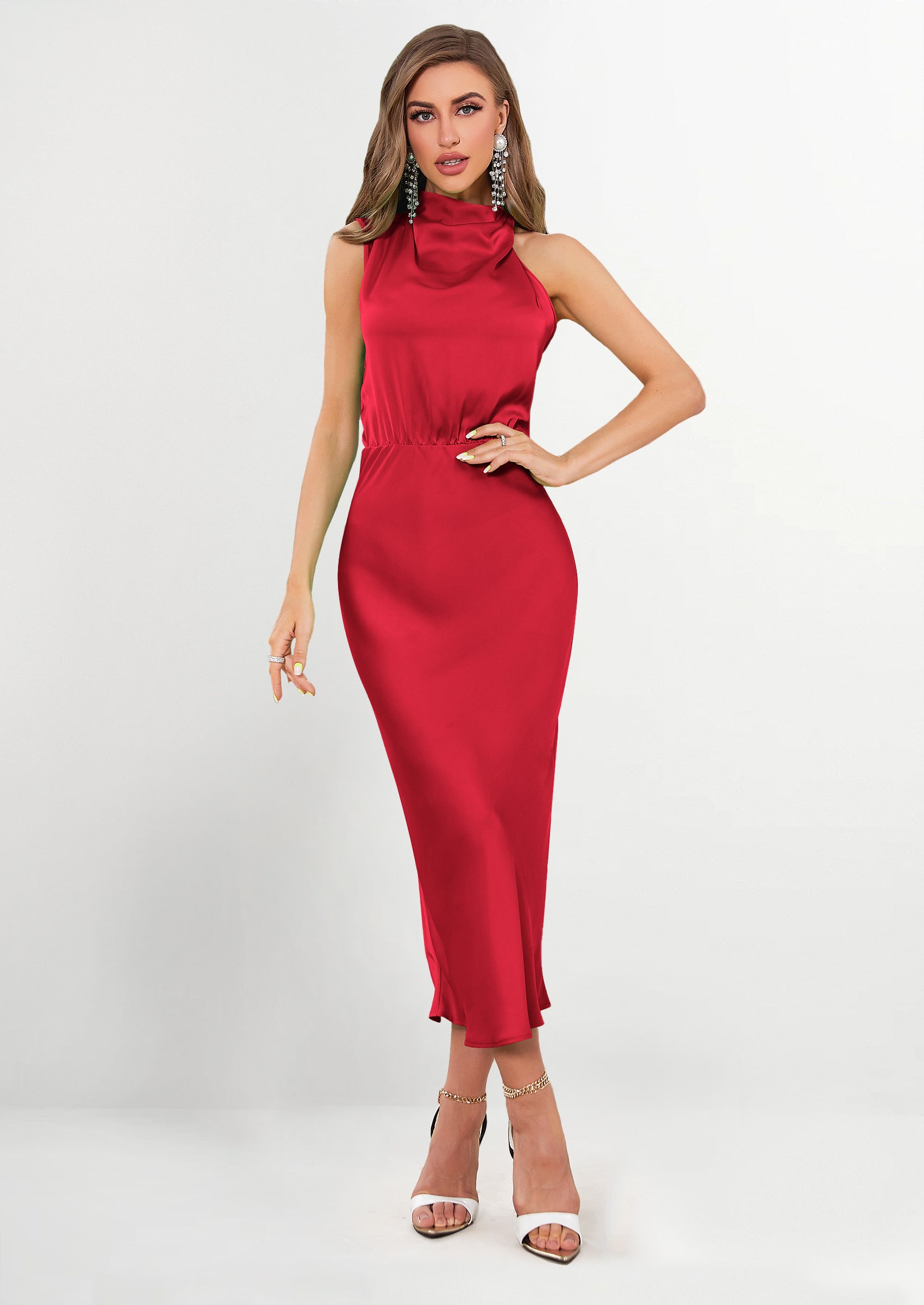 PRETTYGARDEN Women's Summer Satin Dress Elegant Sleeveless Mock Neck Cocktail Party Maxi Dresses