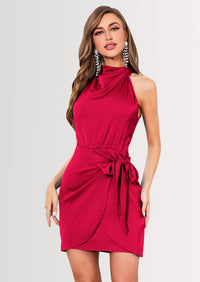 PRETTYGARDEN Women's Short Formal Satin Dress Summer Sleeveless Mock Neck Tie Waist Cocktail Party Dresses