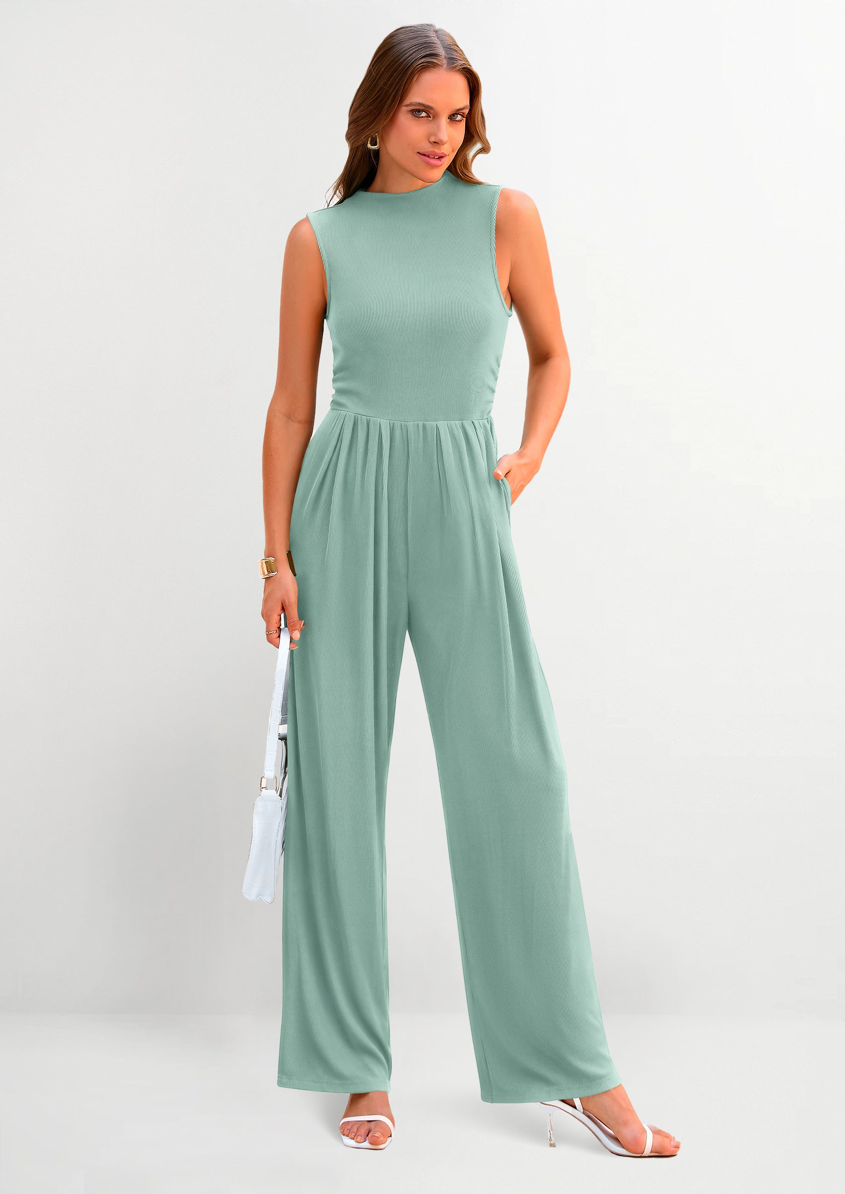 PRETTYGARDEN Womens Summer Jumpsuits Dressy Casual One Piece Outfits Sleeveless Mock Neck Wide Leg Pants Rompers with Pockets