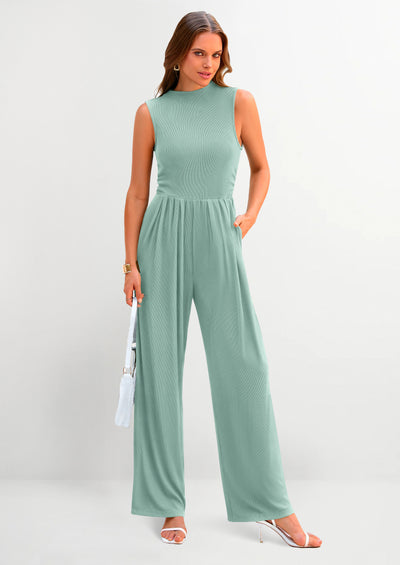 PRETTYGARDEN Womens Summer Jumpsuits Dressy Casual One Piece Outfits Sleeveless Mock Neck Wide Leg Pants Rompers with Pockets