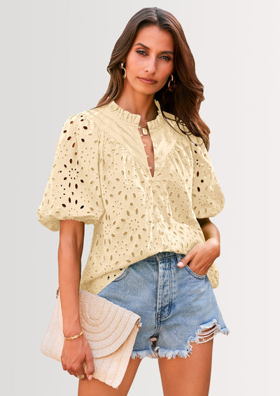 PRETTYGARDEN Women's Summer Short Sleeve Tops Dressy Casual Buttons V Neck Hollow Out Lace Embroidered Blouses Shirts