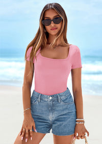 PRETTYGARDEN Womens Summer Tops Spring Trendy Short Sleeve Scoop Neck Ribbed Knit Slim Fitted Casual Basic Tee Shirts PRETTYGARDEN