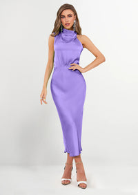 PRETTYGARDEN Women's Summer Satin Dress Elegant Sleeveless Mock Neck Cocktail Party Maxi Dresses