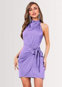 PRETTYGARDEN Women's Short Formal Satin Dress Summer Sleeveless Mock Neck Tie Waist Cocktail Party Dresses