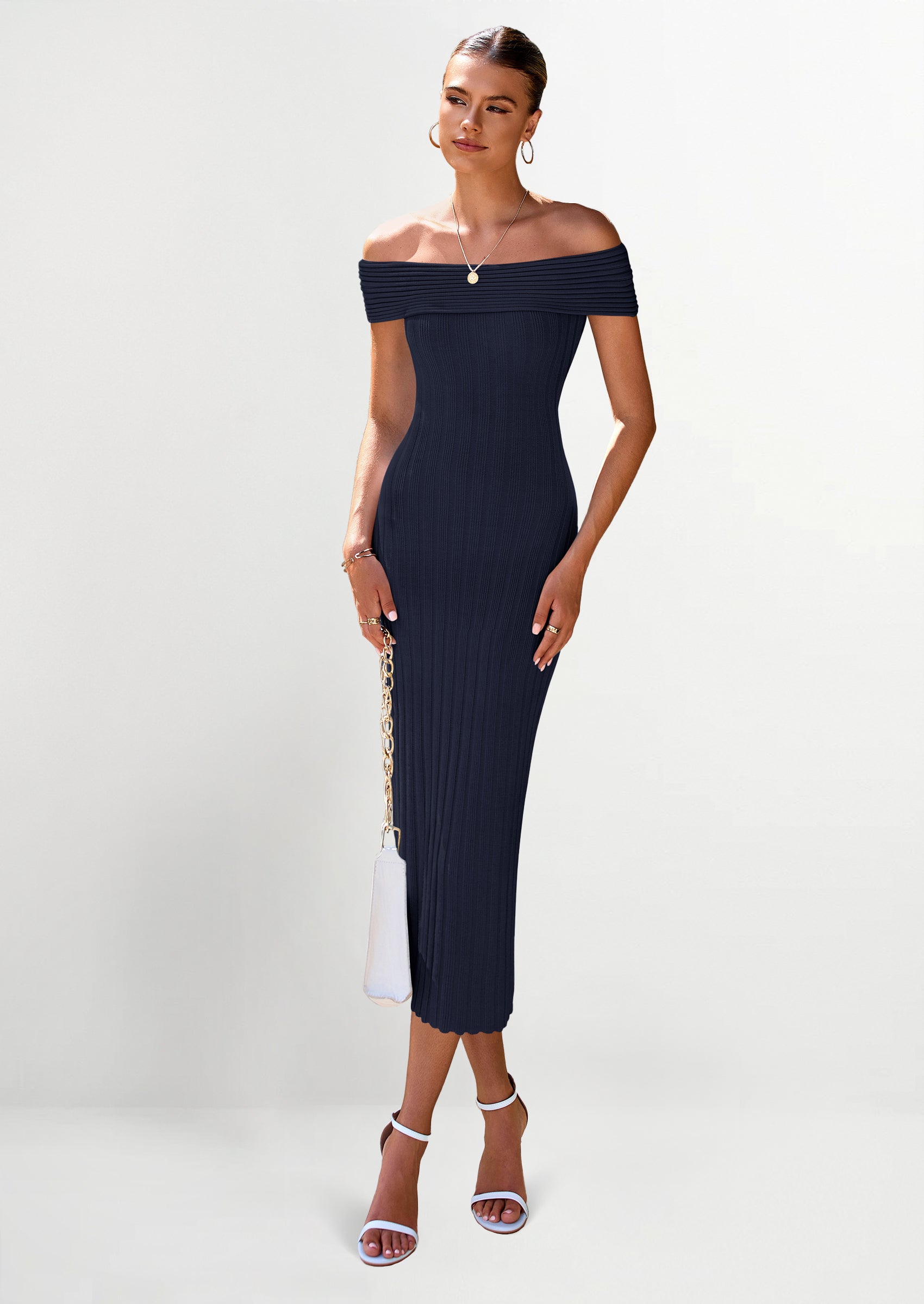 PRETTYGARDEN Summer Dresses for Women Formal Off The Shoulder Midi Bodycon Ribbed Knit Spring Wedding Guest Dress