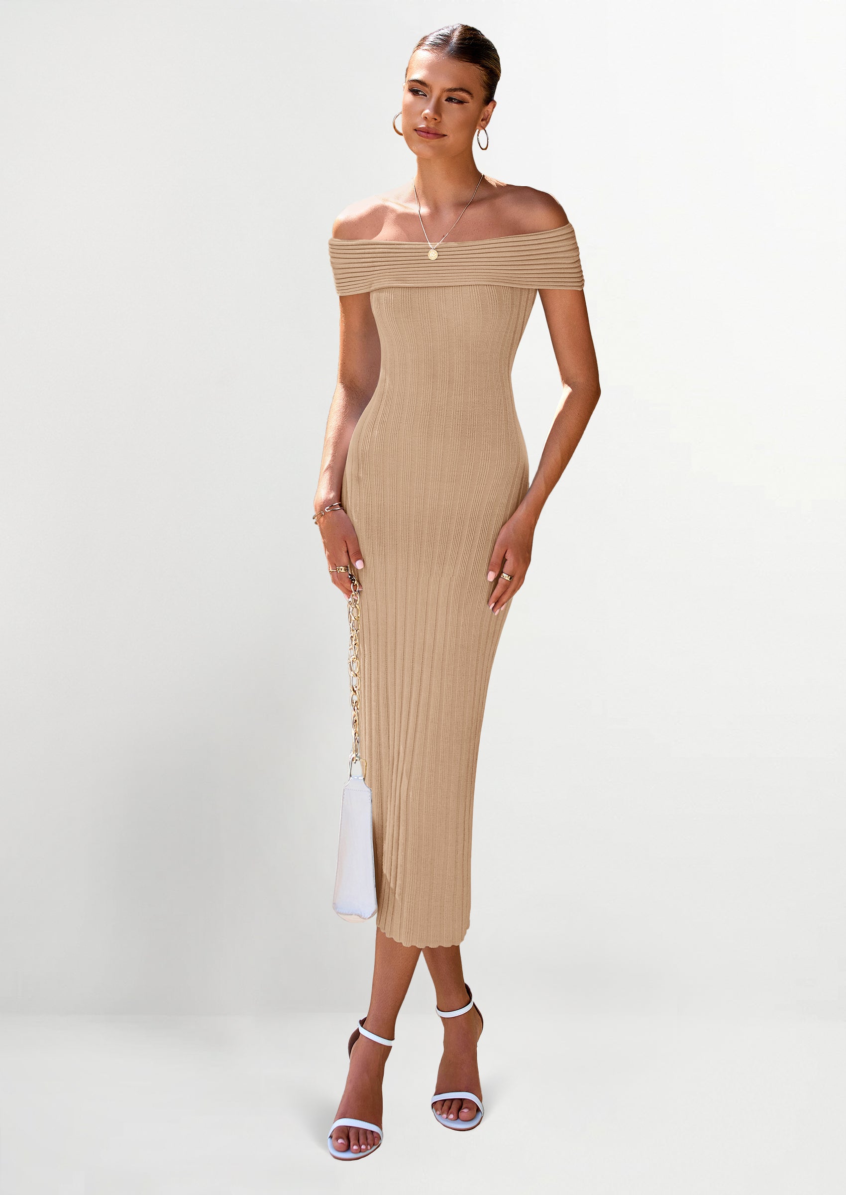 PRETTYGARDEN Summer Dresses for Women Formal Off The Shoulder Midi Bodycon Ribbed Knit Spring Wedding Guest Dress
