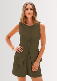 PRETTYGARDEN Two Piece Sets Button Down Suit Vest Tops High Waisted Shorts Business Casual Outfits