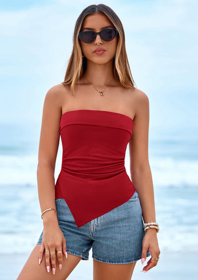 PRETTYGARDEN Tube Tops for Women Summer Strapless Asymmetrical Ruched Bandeau Shirts Trendy Spring Going Out Outfits PRETTYGARDEN