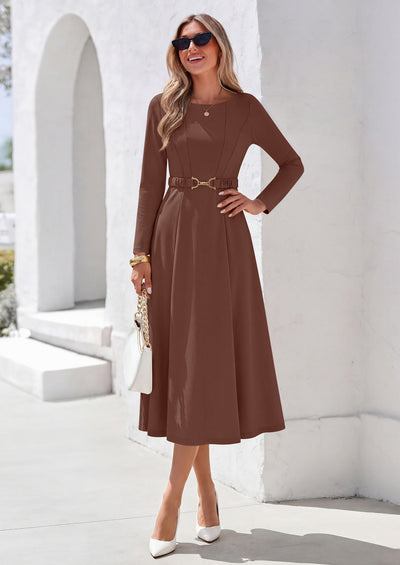 PRETTYGARDEN Women's Fall Long Sleeve Semi Formal Midi Dresses with Pockets Boat Neck, Metal Buckle Tie Waist, Flowy A Line, Elegant Classy Wedding Guest Cocktail Party Dress, Business Casual Outfits