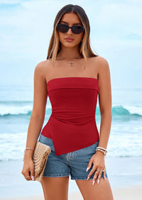 PRETTYGARDEN Tube Tops for Women Summer Strapless Asymmetrical Ruched Bandeau Shirts Trendy Spring Going Out Outfits PRETTYGARDEN