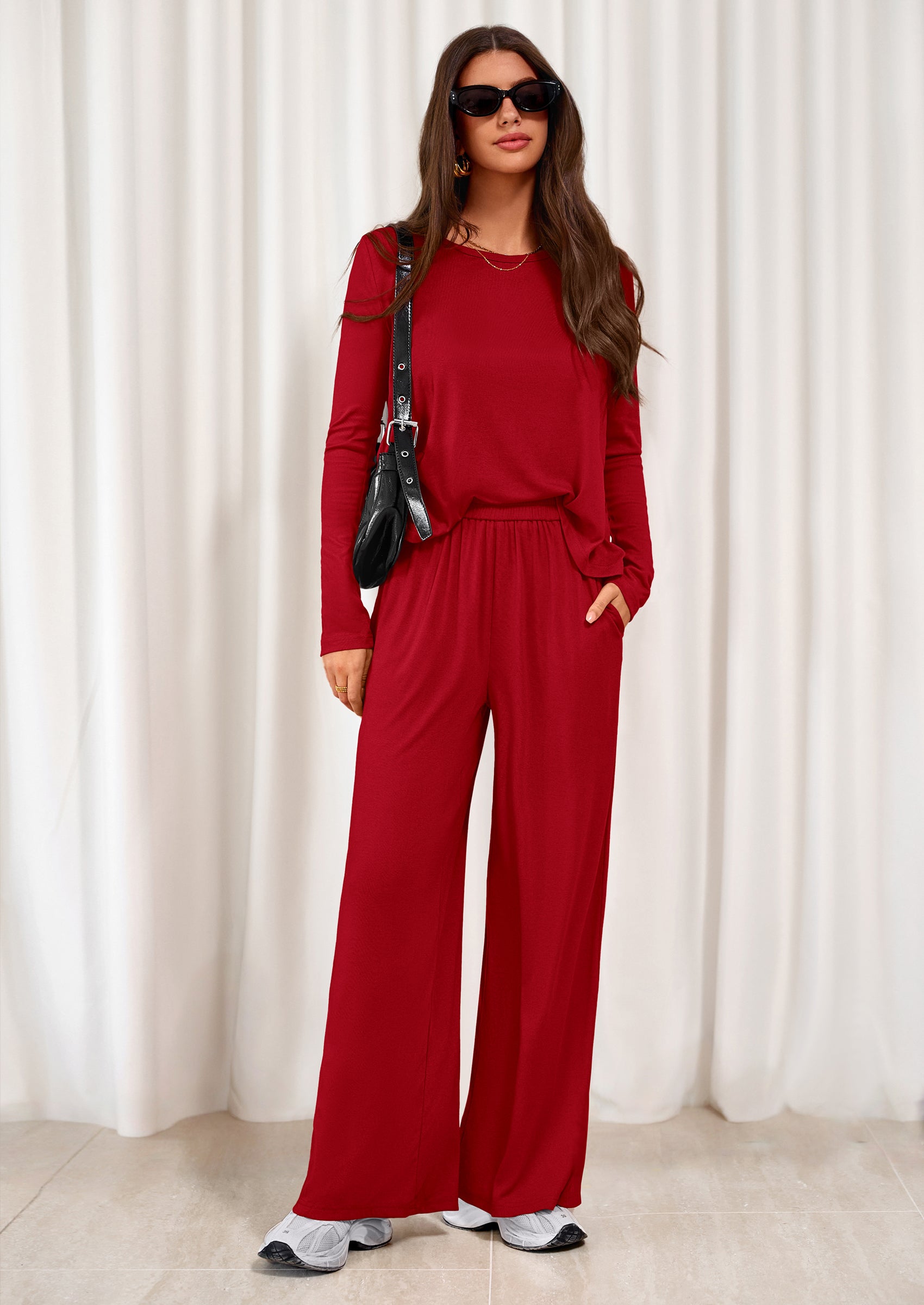 PRETTYGARDEN Women's 2 Piece Fall Sets  Casual Long Sleeve Shirts Wide Leg Pants Lounge Travel Outfits Fashion Clothing