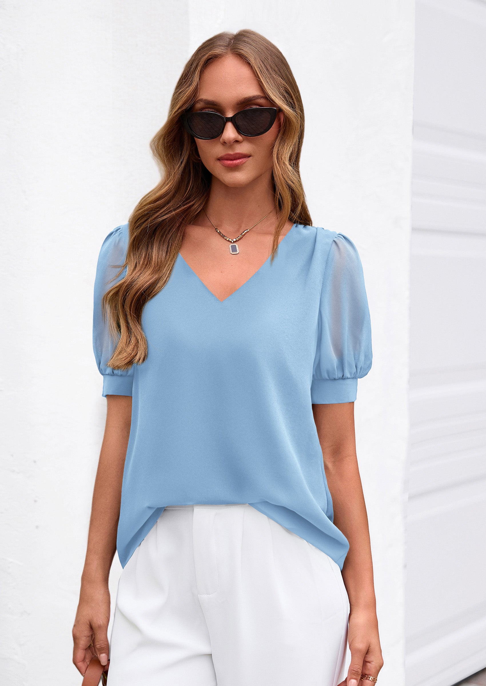 PRETTYGARDEN Womens Tops Dressy Casual Puff Sleeve Chiffon Blouses V Neck Business Work Shirts 2026 Summer Fashion Clothing