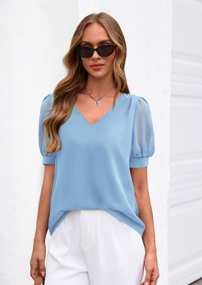 PRETTYGARDEN Womens Tops Dressy Casual Puff Sleeve Chiffon Blouses V Neck Business Work Shirts 2026 Summer Fashion Clothing