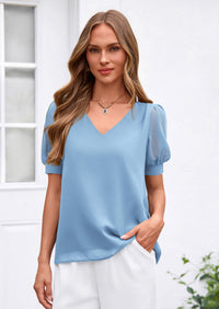 PRETTYGARDEN Womens Tops Dressy Casual Puff Sleeve Chiffon Blouses V Neck Business Work Shirts 2026 Summer Fashion Clothing