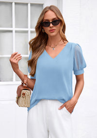 PRETTYGARDEN Womens Tops Dressy Casual Puff Sleeve Chiffon Blouses V Neck Business Work Shirts 2026 Summer Fashion Clothing