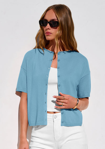 PRETTYGARDEN Women Spring Short Sleeve Cardigan Sweaters Button Down Knit Shirt Blouse Dressy Casual Tops Summer Outfits PRETTYGARDEN