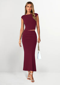 PRETTYGARDEN Summer 2 Piece Sets for Women Going Out Casual Cap Sleeve Crop Tops Ruched Maxi Long Skirts Spring Outfits