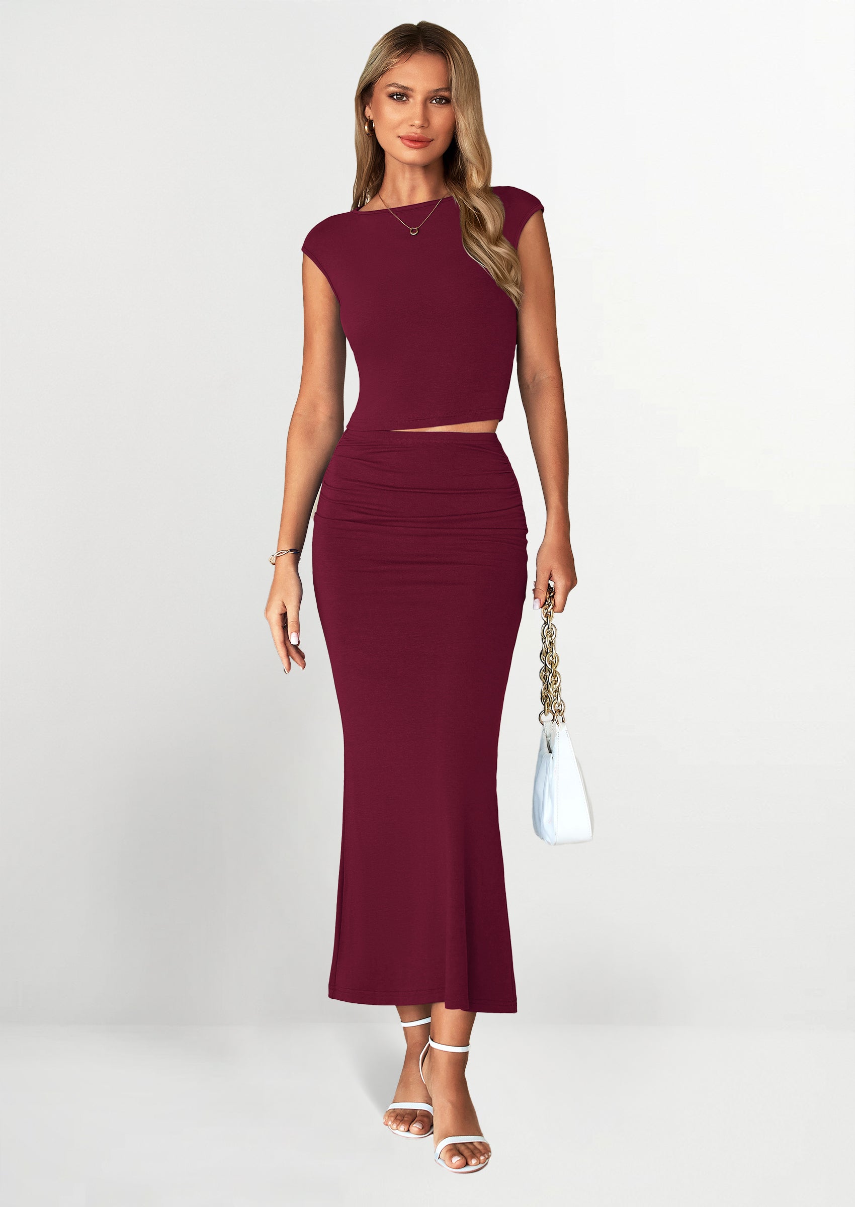 PRETTYGARDEN Summer 2 Piece Sets for Women Going Out Casual Cap Sleeve Crop Tops Ruched Maxi Long Skirts Spring Outfits