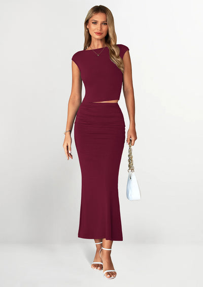 PRETTYGARDEN Summer 2 Piece Sets for Women Going Out Casual Cap Sleeve Crop Tops Ruched Maxi Long Skirts Spring Outfits