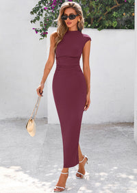 PRETTYGARDEN Women's Summer Maxi Dress Ruched Bodycon Sleeveless Formal Wedding Guest Elegant Cocktail Party Slit Dresses
