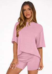 PRETTYGARDEN Women's Two Piece Matching Lounge Sets Summer Casual Tops Short Sleeve Shirts Shorts Travel Airport Outfits PRETTYGARDEN