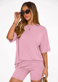 PRETTYGARDEN Women's Two Piece Matching Lounge Sets Summer Casual Tops Short Sleeve Shirts Shorts Travel Airport Outfits PRETTYGARDEN