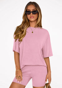 PRETTYGARDEN Women's Two Piece Matching Lounge Sets Summer Casual Tops Short Sleeve Shirts Shorts Travel Airport Outfits PRETTYGARDEN