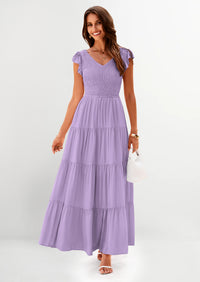 PRETTYGARDEN Women's Flowy Maxi Dress Casual Cap Sleeve V Neck Smocked Beach Sundress