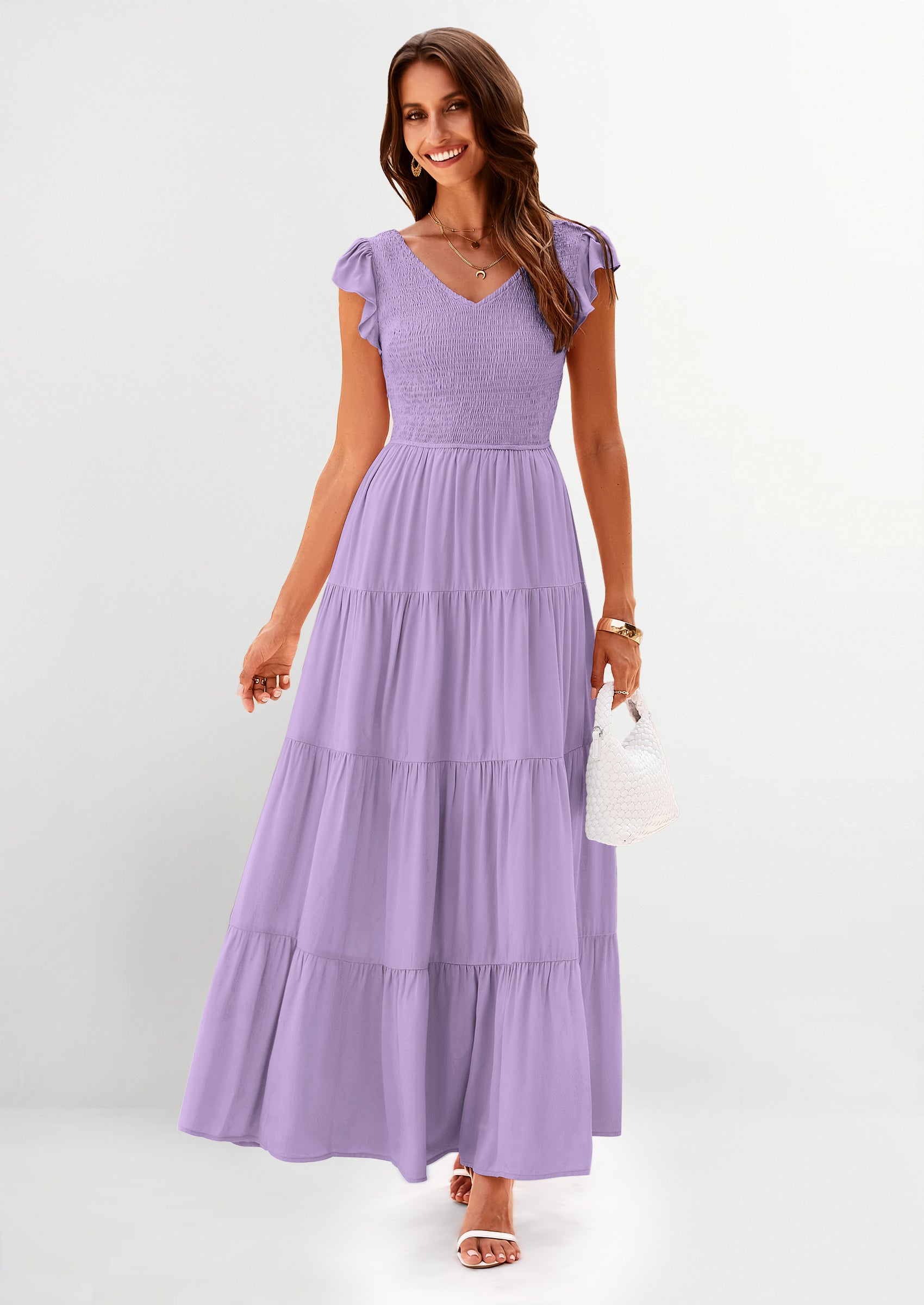 PRETTYGARDEN Women's Flowy Maxi Dress Casual Cap Sleeve V Neck Smocked Beach Sundress