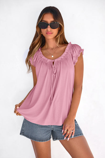 PRETTYGARDEN Womens Tie Front Tank Tops Summer Fashion Cap Sleeve Babydoll Blouses Flowy Shirts Spring Going Out Outfits PRETTYGARDEN