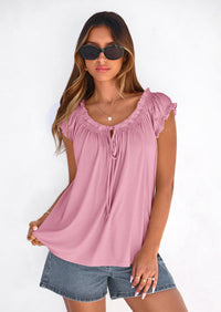 PRETTYGARDEN Womens Tie Front Tank Tops Summer Fashion Cap Sleeve Babydoll Blouses Flowy Shirts Spring Going Out Outfits PRETTYGARDEN