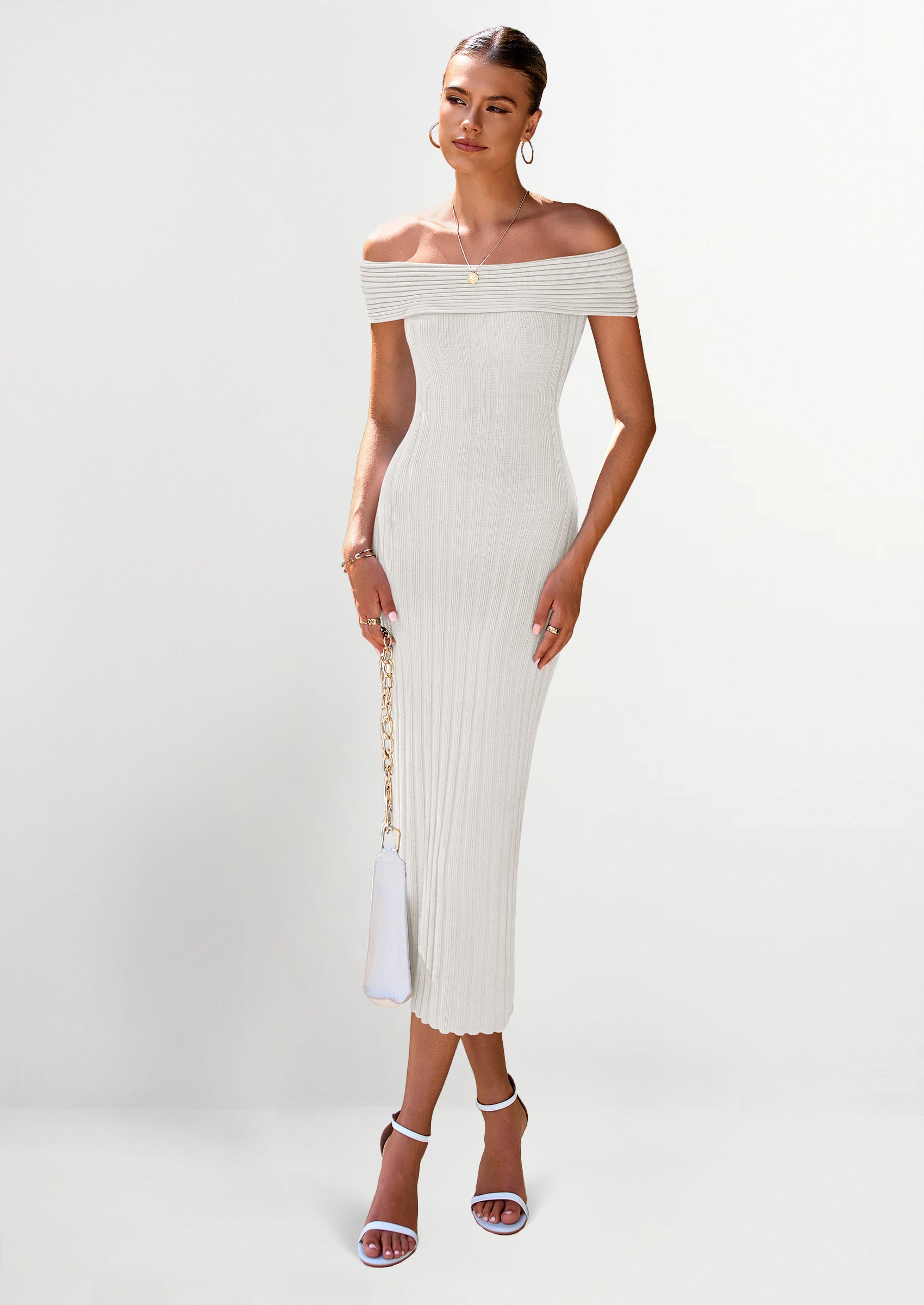 PRETTYGARDEN Summer Dresses for Women Formal Off The Shoulder Midi Bodycon Ribbed Knit Spring Wedding Guest Dress