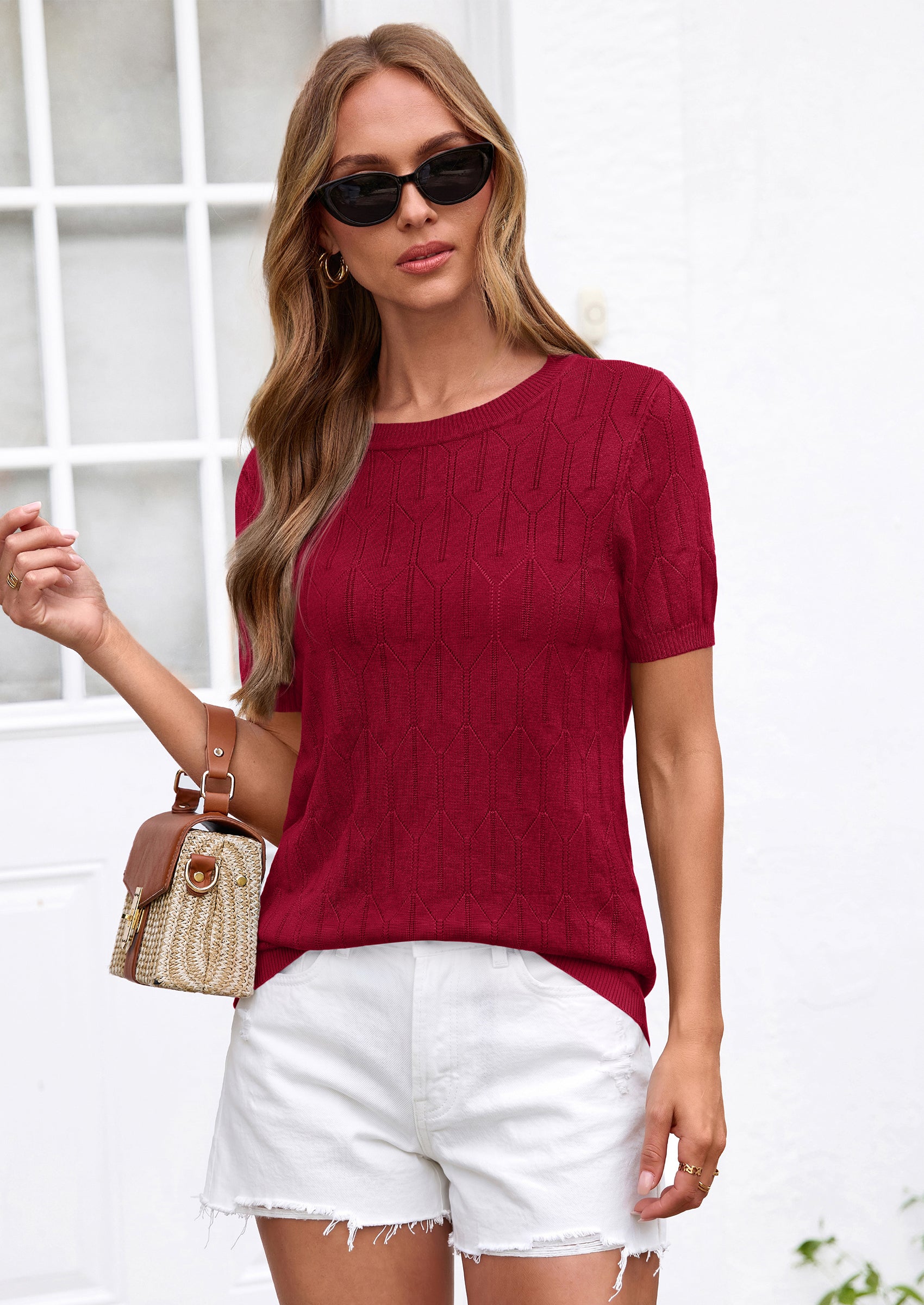 PRETTYGARDEN Women's Spring Short Sleeve Sweater Knit Going Out Tops Work Shirts Trendy Summer Business Casual Outfits