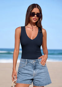 PRETTYGARDEN V Neck Tank Tops for Women Summer Outfits Ribbed Knit Shirts Casual Basic Tees Sleeveless Camisole Vest PRETTYGARDEN