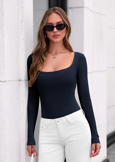 PRETTYGARDEN Bodysuits for Women Fall Long Sleeve Body Suits Scoop Neck Ribbed Knit Fitted Basic Tops Soft Tee Shirts