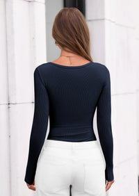 PRETTYGARDEN Bodysuits for Women Fall Long Sleeve Body Suits Scoop Neck Ribbed Knit Fitted Basic Tops Soft Tee Shirts