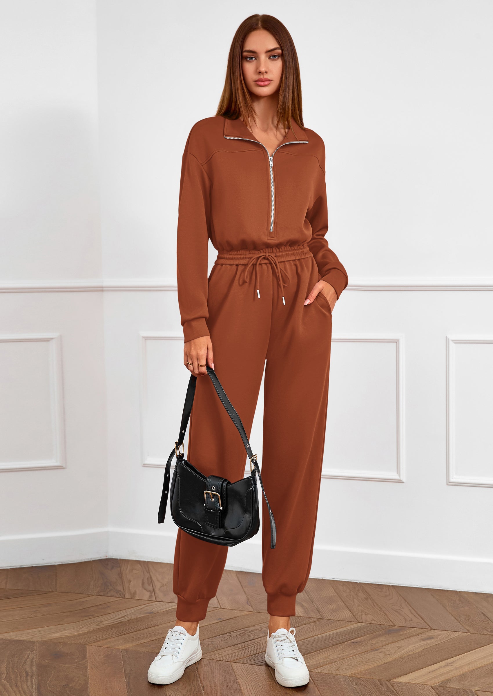 PRETTYGARDEN Long Sleeve Jumpsuits for Women Casual  Fall Fashion Zip Up Pant Rompers One Piece Sweatsuits Travel Outfits