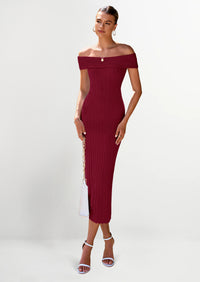PRETTYGARDEN Summer Dresses for Women Formal Off The Shoulder Midi Bodycon Ribbed Knit Spring Wedding Guest Dress
