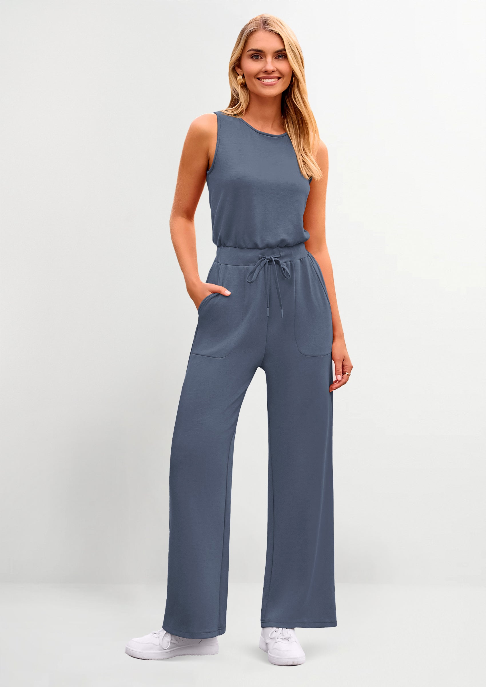 PRETTYGARDEN Womens Jumpsuits Summer Casual One Piece Outfits Sleeveless Wide Leg Long Pants Rompers