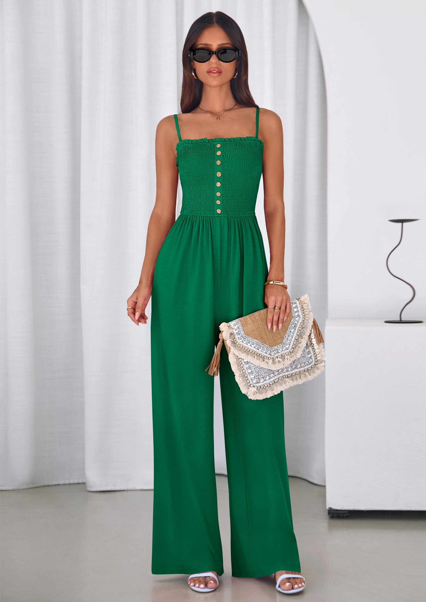 PRETTYGARDEN Jumpsuits for Women Summer Sleeveless Smocked Button Wide Leg Rompers Spring Travel One Piece Outfits PRETTYGARDEN