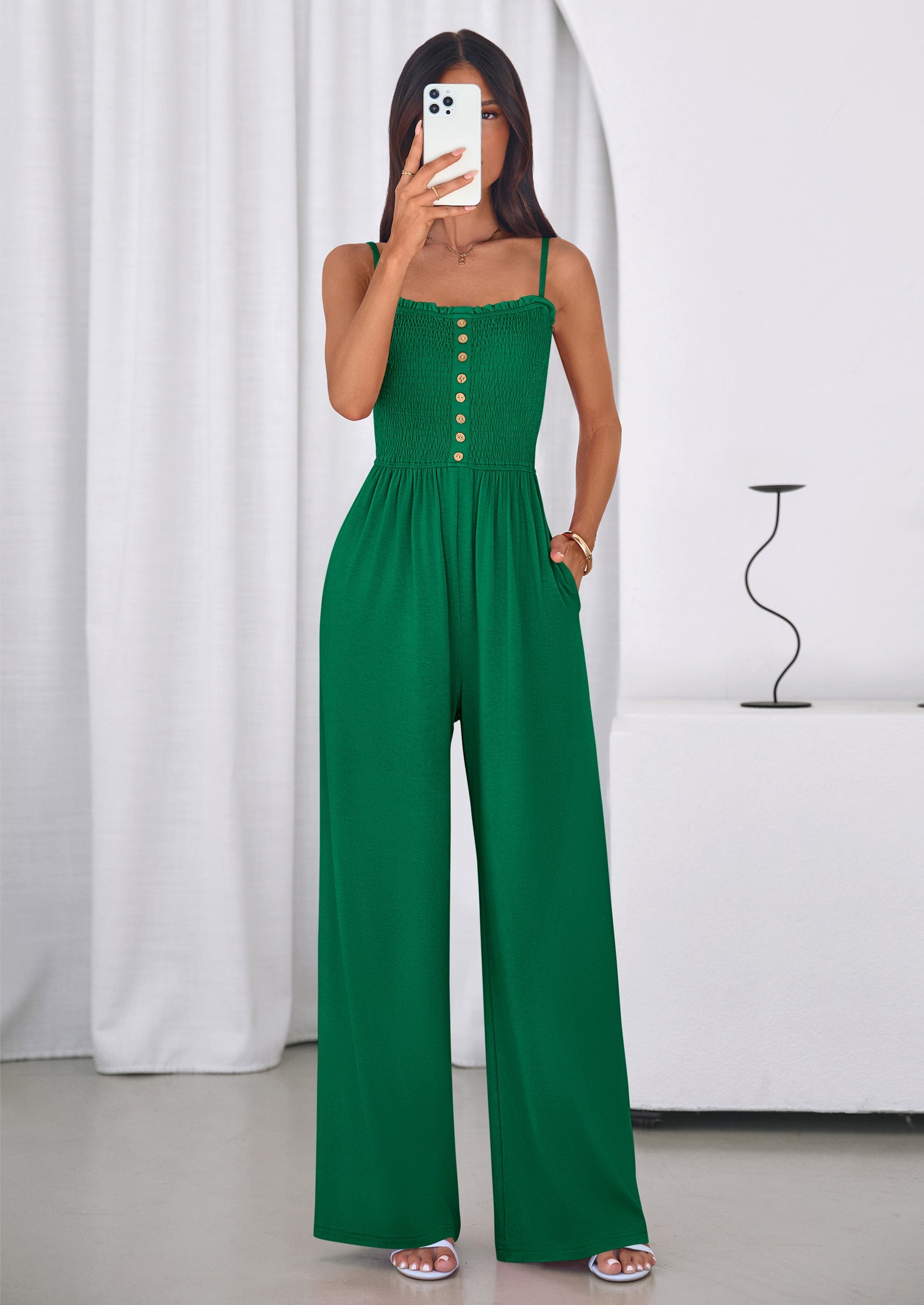 PRETTYGARDEN Jumpsuits for Women Summer Sleeveless Smocked Button Wide Leg Rompers Spring Travel One Piece Outfits PRETTYGARDEN