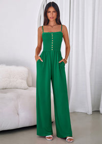 PRETTYGARDEN Jumpsuits for Women Summer Sleeveless Smocked Button Wide Leg Rompers Spring Travel One Piece Outfits PRETTYGARDEN