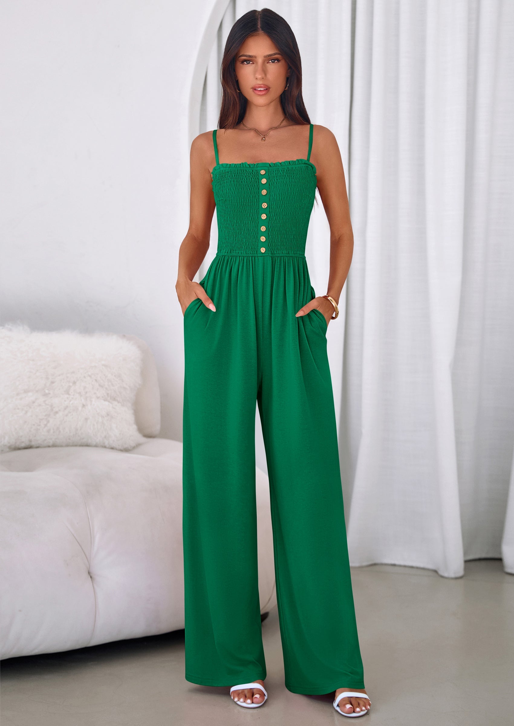 PRETTYGARDEN Jumpsuits for Women Summer Sleeveless Smocked Button Wide Leg Rompers Spring Travel One Piece Outfits PRETTYGARDEN