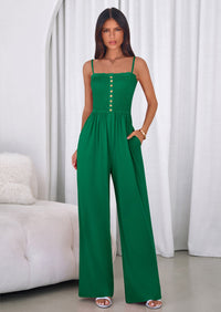 PRETTYGARDEN Jumpsuits for Women Summer Sleeveless Smocked Button Wide Leg Rompers Spring Travel One Piece Outfits PRETTYGARDEN