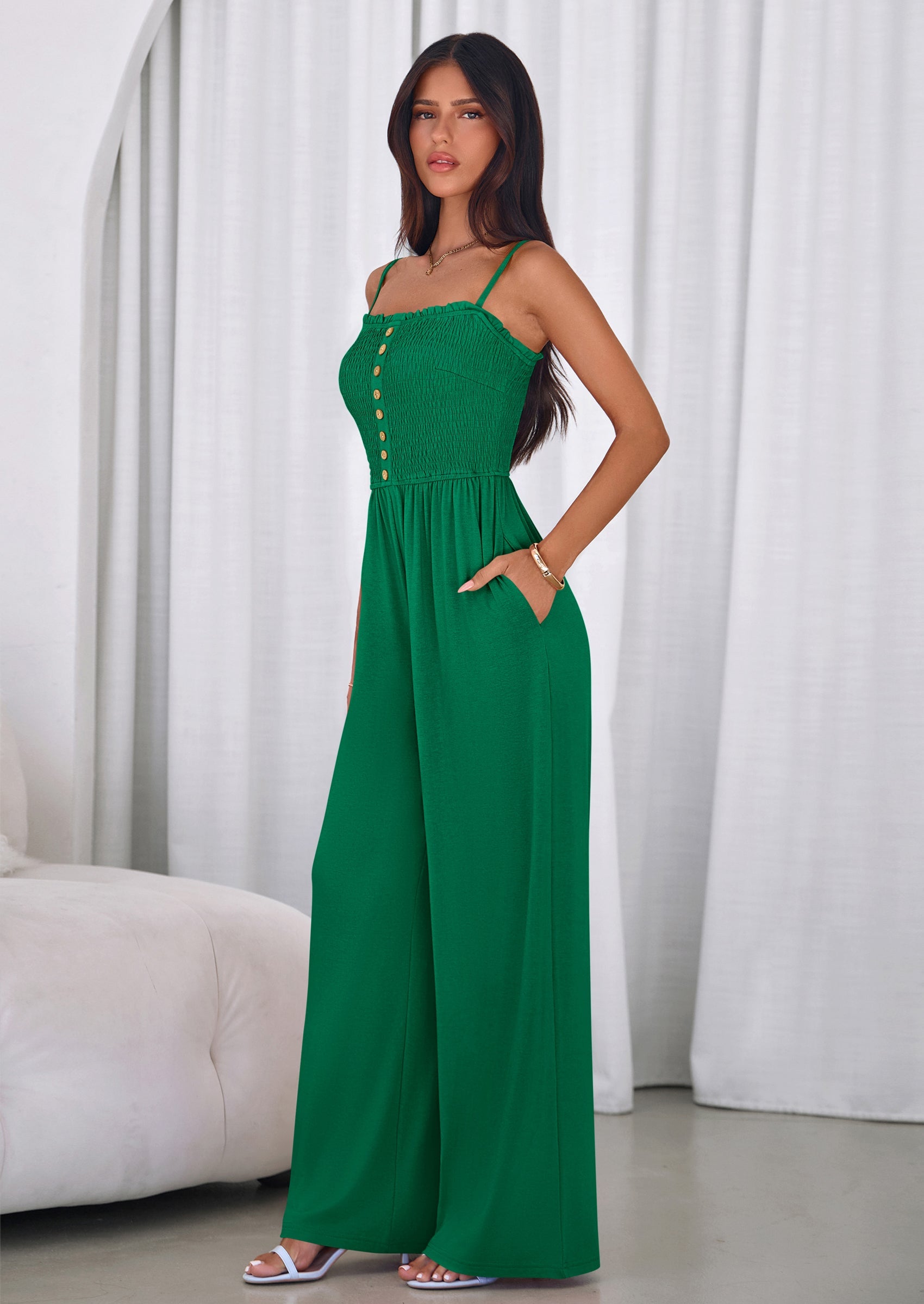 PRETTYGARDEN Jumpsuits for Women Summer Sleeveless Smocked Button Wide Leg Rompers Spring Travel One Piece Outfits PRETTYGARDEN