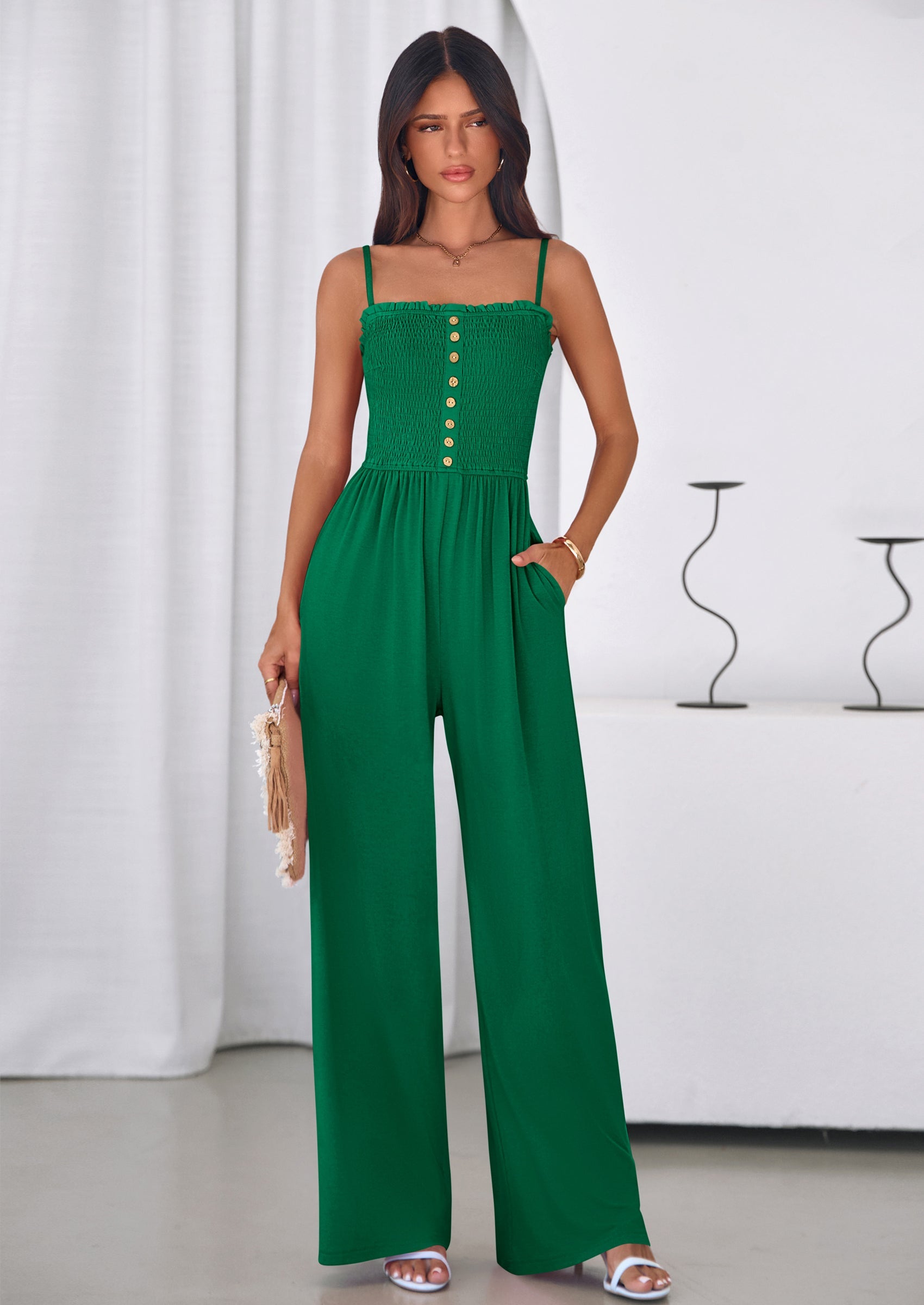 PRETTYGARDEN Jumpsuits for Women Summer Sleeveless Smocked Button Wide Leg Rompers Spring Travel One Piece Outfits PRETTYGARDEN