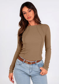 KIRUNDO Ribbed Long Sleeve Tops for Women Stretch Slim Basic Crop Tee Exposed Seams Spring Fall Fashion Trendy Tshirt