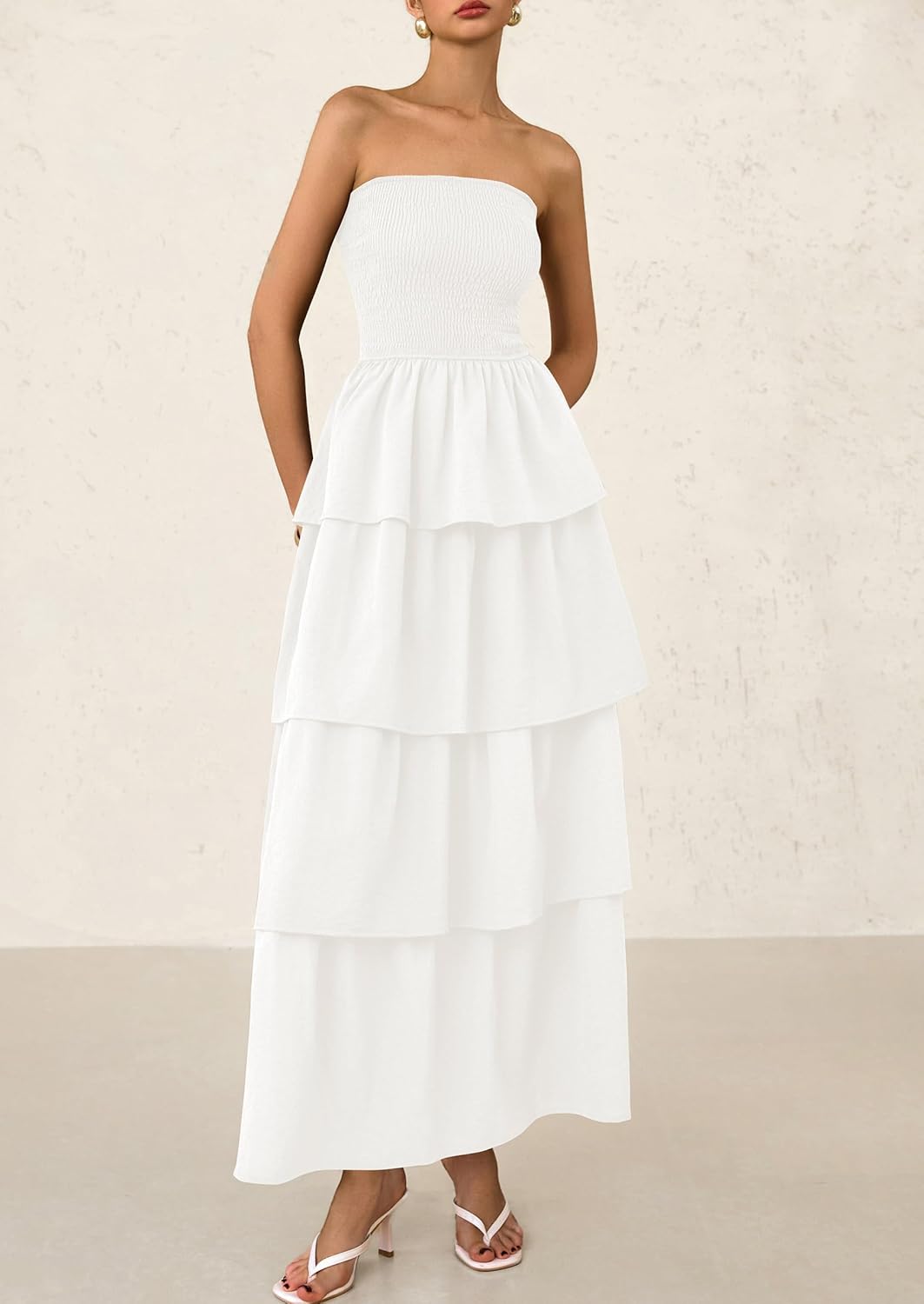 PRETTYGARDEN Maxi Dresses for Women Off Shoulder Smocked Tiered Ruffle Long Flowy Wedding Guest Dress